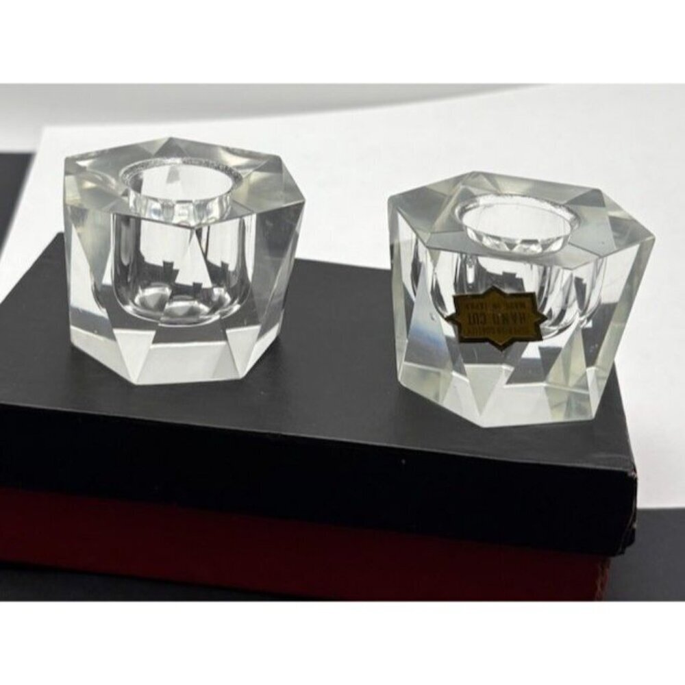 (2) Japan Faceted Crystal Hexagon Candle Holders With Original Box